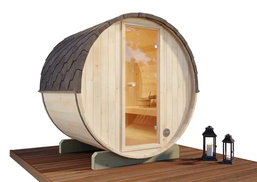 FinnTherm Fass-Sauna Mini XS - Outdoor Sauna für 3 Personen, mit 42 mm Wandstärke und hervorragender Wärmedämmung aus nordischer Fichte für maximale Entspannung und gesundheitsfördernde Saunagänge.