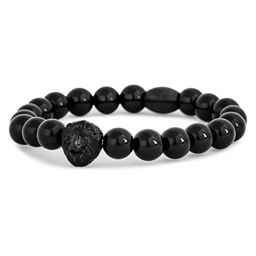 Akitsune Regis Perlen-Armband - Mattschwarz mit Löwenkopf - Elegantes Armband für Damen und Herren mit 8mm Onyx-Perlen und Löwenkopf-Design. Nachhaltig hergestellt und klimaneutral. Perfekt als persönliches Geschenk in einer schicken Schmuckbox.
