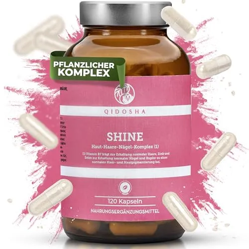 QIDOSHA® SHINE Haut, Haare & Nägel Komplex, 120 Kapseln im Apothekerglas, Silizium-Komplex mit Silicium, Hyaluronsäure, Zink, Selen, Kupfer & Vitaminen, deutsche Fertigung, Haut Haare Nägel Kapseln
