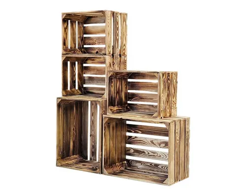 Teramico Holzkiste Obstkisten Regal 50 x 40 x 30cm und 40x30x25 - 5er Set - Kisten für Aufbewahrung und Deko, geflammte Optik für rustikalen Look, ideal für DIY-Projekte und Organisation.