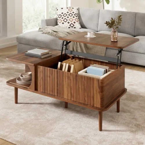 Höhenverstellbarer Couchtisch mit Stauraum und Verschiebbarem Tür - Multifunktionaler Ziertisch mit versteckter, höhenverstellbarer Tischplatte für flexible Nutzung als Arbeits- oder Essfläche. Die verschiebbare Tür ermöglicht individuelle Aufbewahrungslösungen und passt sich Ihren Bedürfnissen an.