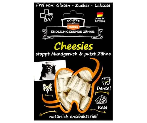 QCHEFS CHEESIES Hundeleckerli - Antibakterielle Zahnpflege ohne Zahnbürste - Zahnpflege-Snacks für Hunde: Die leckeren Knusperkissen reinigen sanft die Zähne, bekämpfen Mundgeruch und sind ideal für Allergiker. Nur natürliche Zutaten, glutenfrei und leicht verdaulich!