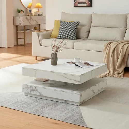 [en.casa] Couchtisch Florenz – Quadratischer Wohnzimmertisch mit Stauraum - Beistelltische fürs Wohnzimmer: Moderner Couchtisch in Marmoroptik mit drehbarer Tischplatte für einfachen Zugriff auf Snacks und Bücher – stilvoll und praktisch zugleich.