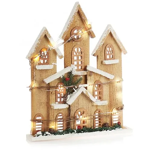 com-four® Weihnachtsdekoration- Holzhaus zum Hinstellen mit LED Licht - Holzdekoration beleuchtetes Haus - Tischdekoration [Auswahl variiert!] (01 Stück - weiß Holzhaus)