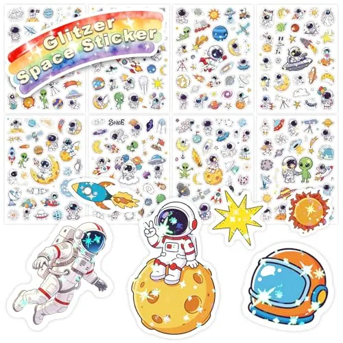 Weltraum Glitzer Sticker für Kinder, 8PCS Glitzereffekt Über 200 Motiv | Wasserdicht Glitzersticker, Scrapbooking, Fotoalbum, Party-Deko für Erwachsene & Kinder