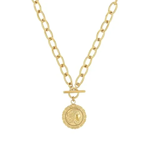 NOELANI Kette mit Anhänger aus Edelstahl für Damen - Elegante Damenkette mit Münze-Motiv, aus hochwertigem Edelstahl, kommt in einer Schmuck Geschenk Box. Der T-Ring-Verschluss sorgt für sicheren Halt und stilvollen Look.