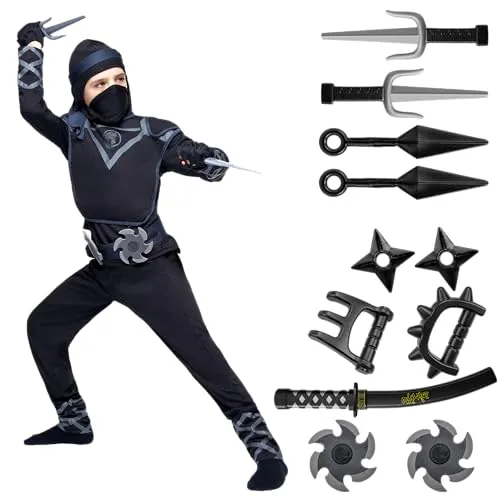 Spooktacular Creations Deluxe Schwarzer Ninja Kostüm Set mit Ninja Schaumstoff Zubehör Spielzeug für Kinder Kung Fu Outfit Halloween Ideen