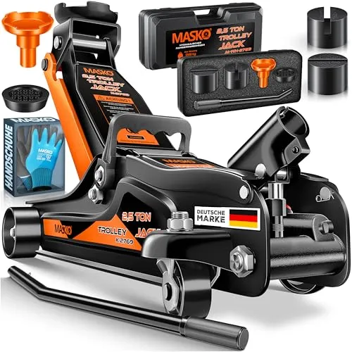 MASKO® Hydraulischer Wagenheber 2,5T mit Koffer und Zubehör - Rangierwagenheber mit flacher Hubhöhe von 85-360mm, ideal für tiefergelegte Fahrzeuge. Inklusive Gummiauflagen und Montagehandschuhe für sicheres Arbeiten.