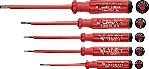 PB Swiss Tools Schlitz VDE Schraubendreher Set PB 5538 | 100% Swiss Made | 5-teiliges Elektro Schraubendreher Set Schlitz 0/1/2/3/4/5 isoliert bis 1000V AC / 1500V DC