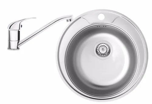 Runde Edelstahlspüle mit Zubehör und Armatur