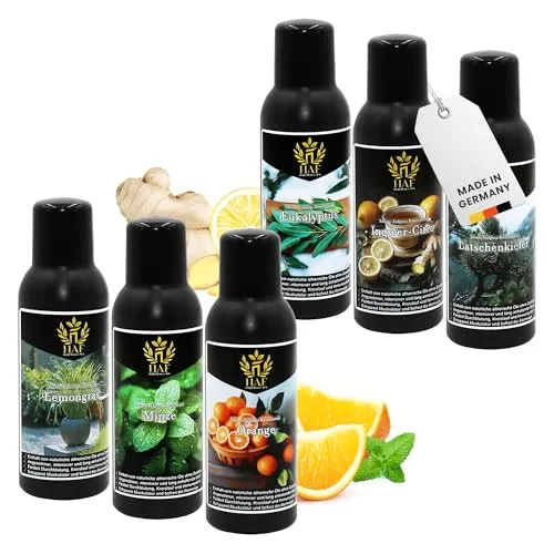 HAF Saunaaufguss Set „Frische Briese“ – 6 x 250ml mit natürlichen ätherischen Ölen - Erleben Sie ein unverfälschtes Dufterlebnis mit 100% reinen ätherischen Ölen. Das Set enthält sechs verschiedene Düfte, ideal für eine entspannende Saunastunde. Made in Germany für höchste Qualität.