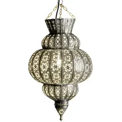 Orientalische Pendelleuchte Harem Silber 45cm - Handgefertigte marokkanische Hängeleuchte mit schillerndem Design, ideal für romantische Beleuchtung im Wohnzimmer oder über dem Esstisch. Schafft bezaubernde orientalische Schattenspiele.