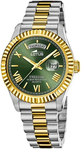 Lotus 18855/3 Herrenuhr Edelstahl Bicolor mit Datum und grünem Zifferblatt - Elegante Herrenuhr aus Edelstahl mit 10 ATM Wasserdichtigkeit, grünem Zifferblatt und praktischem Datums- sowie Wochentagsanzeige. Ideal für stilbewusste Männer.