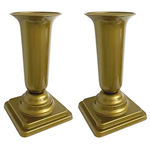 HAC24 2er Set Grabvase Gold Grabschmuck Kunststoff Friedhofsvase mit Sockel Friedhof Blumenvase Grabdekoration Grab Vase Grabsteckvase