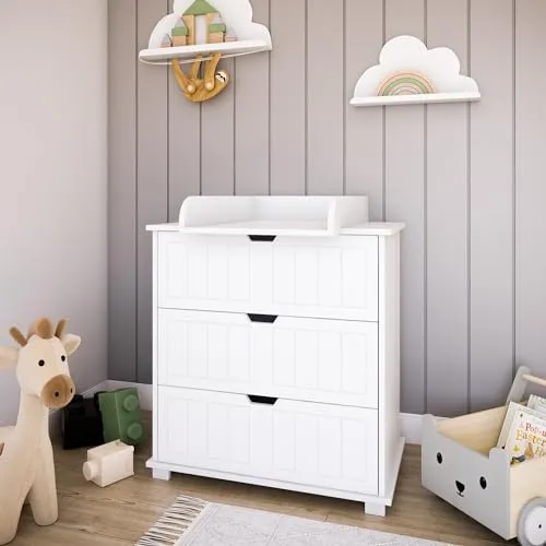 Kids Collective Wickelkommode Wickeltisch Kommode mit abnehmbarem Wickelaufsatz mit 3 Schubladen in Weiss Made in Europe