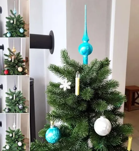 JACK Eislack Glas Christbaumkugeln Set 15x Kugel 6cm + 1x Spitze 25cm Box, Farbe:Türkis-Weiß