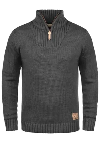 !Solid SDPetro Herren Strickpullover Troyer Grobstrick Pullover mit Troyerkragen Rippbündchen Label-Details Baumwollmischung Regular fit, Größe:S, Farbe:Dark Grey Melange (8288)