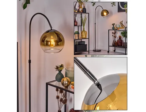 Hofstein Stehlampe Retro-Design Schwarz/Chrom/Gold - Verstellbare Stehleuchte aus Metall und Glas, ideal für den Innenbereich. Mit Fußschalter und drehbarem Lampenschirm für flexible Lichtgestaltung.