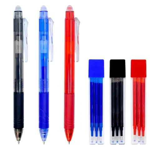 RAYLU PAPER Radierbarer Kugelschreiber, einziehbar, Geltinte, Blau, Rot, Schwarz, 1 mm Spitze und 0,7 mm Strichbreite (3 Farben + Ersatzteile)