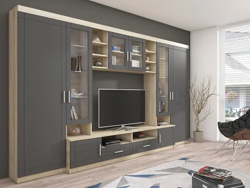 MIRJAN24 Wohnwand Paris - Modernes Wohnzimmer-Set mit LED-Beleuchtung - Stylische Wohnwand Paris in Sonoma Eiche/Graphit, ideal für Ihr Wohnzimmer. Inkl. weißer LED-Beleuchtung für eine stimmungsvolle Atmosphäre.