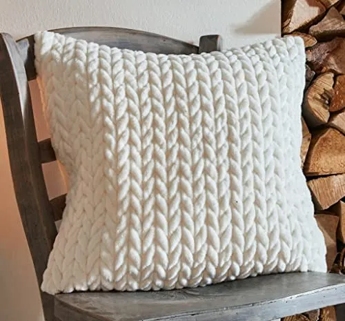 Dekoleidenschaft Kissenhülle Zopfmuster Creme, 45x45 cm, samtig weich, Kissenbezug mit Strickmuster, Zierkissen-Bezug, Sofakissen-Hülle