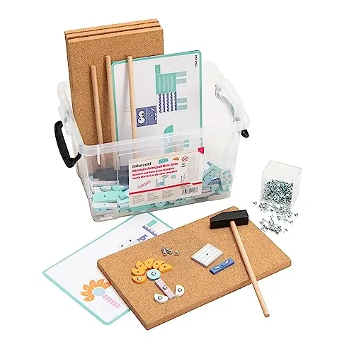 Betzold Hämmerchenspiel-Set Minibots - Klopf- & Hämmerspielzeug für 4 Kinder, fördert Hand-Auge-Koordination, Feinmotorik und Kreativität beim Hämmern von Nägeln in Mosaikformen.