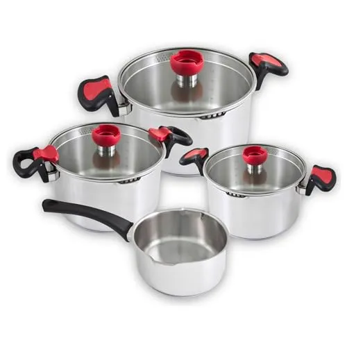 Kopf Topf-Set Nelo, 7-tlg. Edelstahl Kochtopfset mit Deckel - Hochwertiges 7-teiliges Kochtopfset aus Edelstahl mit intelligenter Abgießhilfe und integrierter Siebfunktion, ideal für müheloses Kochen und Abgießen.