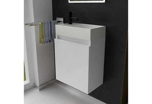 Alpenberger Badmöbel-Set Gäste WC Waschbecken mit Unterschrank - Badmöbel-Set für kleine Bäder, bestehend aus einem hängenden Waschbeckenunterschrank mit Softclose und vormontiertem Aufsatzwaschbecken in elegantem Weiß.