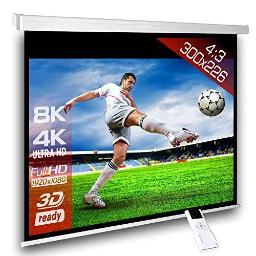 SlenderLine Motorleinwand 300 x 226cm | 1.2 Gain | Format 4:3 | schwarzer Vorlauf 50cm | 3D | Full-HD 4K 8K Ultra-HD | elektrische Beamer Leinwand für Heimkino & Präsentation | inkl. Fernbedienung