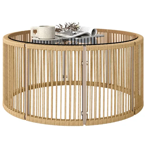 Beistelltisch aus Polyrattan Kaffeetisch Couchtisch mit gehärteter Glasplatte