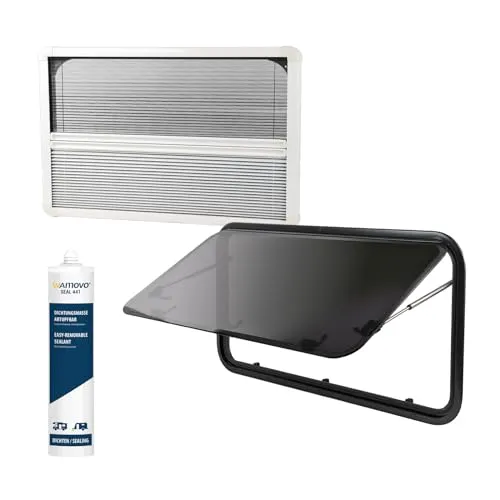 Wamovo Ausstellfenster RW Compact 900 x 450 - Wohnmobilfenster mit integriertem Verdunklungssystem und Insektenschutz, ideal für Wohnwagen und Campervans. Strapazierfähige Doppelverglasung und max. Öffnungswinkel von 70° für optimalen Komfort.