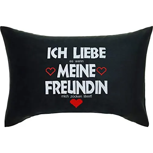 EXPRESS-STICKEREI Gamer Sessel Kissen mit lustigem Spruch 40x60cm Ich Liebe es wenn Meine Freundin Mich zocken lässt Wohnzimmer Dekokissen mit Füllung Sporttasche Zocker Sofakissen | schwarz