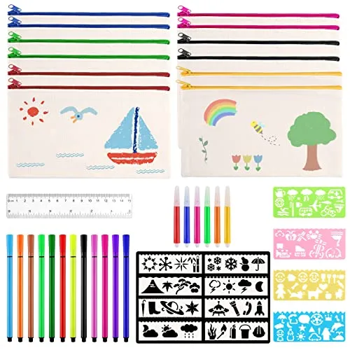 Tufa 12 Stück DIY Stoffbeutel zum Bemalen, Federmäppchen mit Reißverschluss, Kosmetiktasche Klein