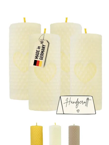 Wachsmann Bienenprodukte Bienenwachskerzen 4er Set, handgerollt aus 100% Bienenwachs - Wachskerzen aus 100% Bienenwachs – für ein gemütliches Zuhause mit natürlichem Honigduft. Handgemacht in Deutschland, rußfreies Abbrennen und ca. 6 Stunden Brenndauer pro Kerze.