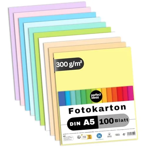 perfect ideaz - 100 Blatt Fotokarton DIN-A5, 10 Farben, 300 g/m², Made in Germany, Blauer Engel zertifiziert