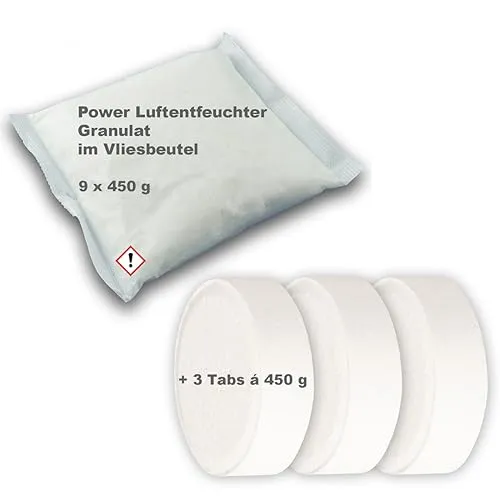 Luft-Entfeuchter Granulat 9 x 450g im Vliesbeutel + 3x 450g Tabs Nachfüllpackung Raumentfeuchter Nachfülltabs Tabletten ohne Strom 3,69€/kg