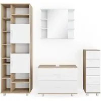 Vicco Badmöbel-Set Ilias, 4-teilig in Weiß/Sonoma - Elegantes 4-teiliges Badmöbel-Set mit ausreichend Stauraum, ideal für Ihr Badezimmer. Inklusive Waschbeckenunterschrank und Spiegelschrank, perfekt für einen modernen Look.