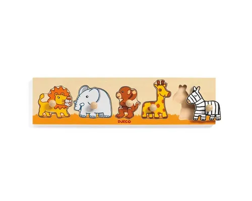 DJECO Steckpuzzle Greifpuzzle aus Holz mit 5 Tieren, Puzzleteile