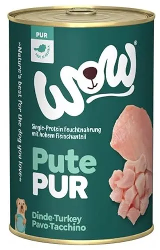 WOW PUR Protein Nassfutter mit Pute, 6x 400g | reichhaltiges Hundefutter für alle ausgewachsenen Hunderassen | beste Qualität mit hohem Fleisch- & Innereienanteil I getreidefrei & hohe Verträglichkeit