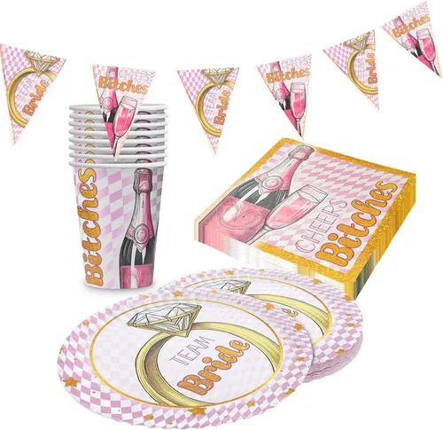 Party Factory Geschirr-Set JGA Bachelorette Bling Bling Teller Becher Servietten Wimpelkette, 8 Personen, Design in Pink, Rosa, goldfarben und Diamanten-Optik