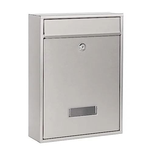 Wiltec Briefkasten V10 Edelstahl 260 x 90 x 350 mm, Wandbriefkasten mit Schloss und Namensschild, Postkasten aus Stahl