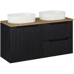 Lomadox Doppelwaschtisch NEWPORT-56-BLACK - 120cm, schwarz und Eiche - Eleganter Doppelwaschtisch in schwarz und Eiche, ideal für kleine Badezimmer. Mit gerillter Front und Softclose-System für eine stilvolle und funktionale Lösung.
