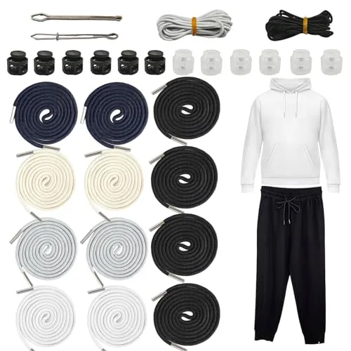 Stück Kordel für Jogginghose Set, Kordelzug für Hoodie mit Einfädler, Kordelstopper 2 Loch, Elastische Kordelband, Ersatz-Saiten aus Baumwolle für Jacken, Sweat, Shorts, Sporthosen, Handtaschen 28