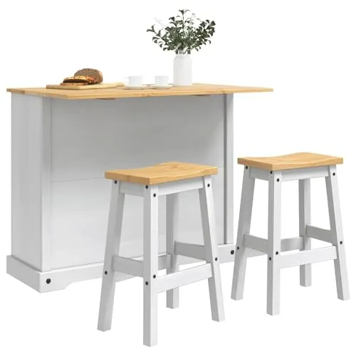 vidaXL Kücheninsel Set Corona 3 pcs Weiß und Honigwachs Massiv-Kiefer - Rustikales Kücheninsel-Set aus massivem Kiefernholz mit klappbarer Arbeitsplatte und großzügigem Stauraum. Ideal für eine funktionale und einladende Küche, die sowohl Stil als auch Effizienz vereint.