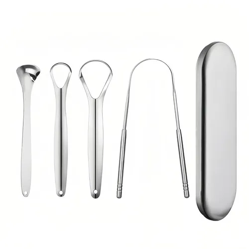 Edelstahl Zungenreiniger Set 4 Stk., wiederverwendbar, Mundhygiene