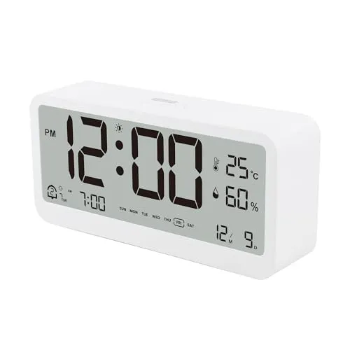 HAPPMY Wecker Digital mit 2 Weckzeiten, Digital Uhr mit Temperaturanzeige und Hygrometer, Digitaler Tischuhr ohne Ticken, Batteriebetrieben Schlafzimmer Nachttisch Digitaluhr