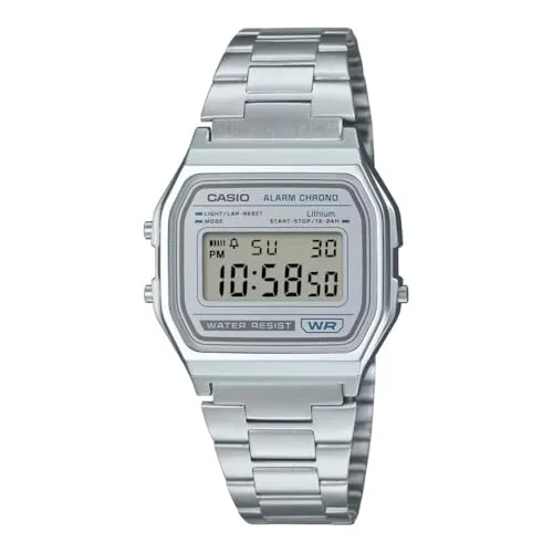 Casio Vintage Retro Armbanduhr A158WEA-7EF - Klassische digitale Armbanduhr im Retro-Design, mit Edelstahlarmband, Alarm und Stoppuhr für den täglichen Einsatz.