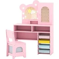 Costway Bärform Kinder Schminktisch mit LED & 5 Schubladen – Rosa - Kreativer Schminktisch mit 3-farbigen Lichtern und viel Stauraum. Inklusive passendem Stuhl für komfortables Spielen. Sicher dank Kippsicherung und bruchsicherem Spiegel – ideal für Kinder ab 3 Jahren.