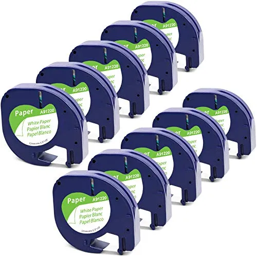 Packung MarkField Kompatibel mit Dymo Letratag Papier Etikettenband 12mm x 4m, Kompatibel mit Dymo Letratag Paper White Letra Tag Band für LT-100H LT-100T 200B, Schwarz auf Weiß 10