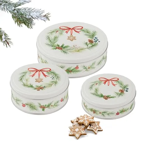 Brandsseller 3er Set Plätzchendosen aus Metall – stapelbare, runde Keksdosen mit Deckel - lebensmittelechte Aufbewahrungsdosen für Gebäck, Kekse & Weihnachtsplätzchen – Nostalgie